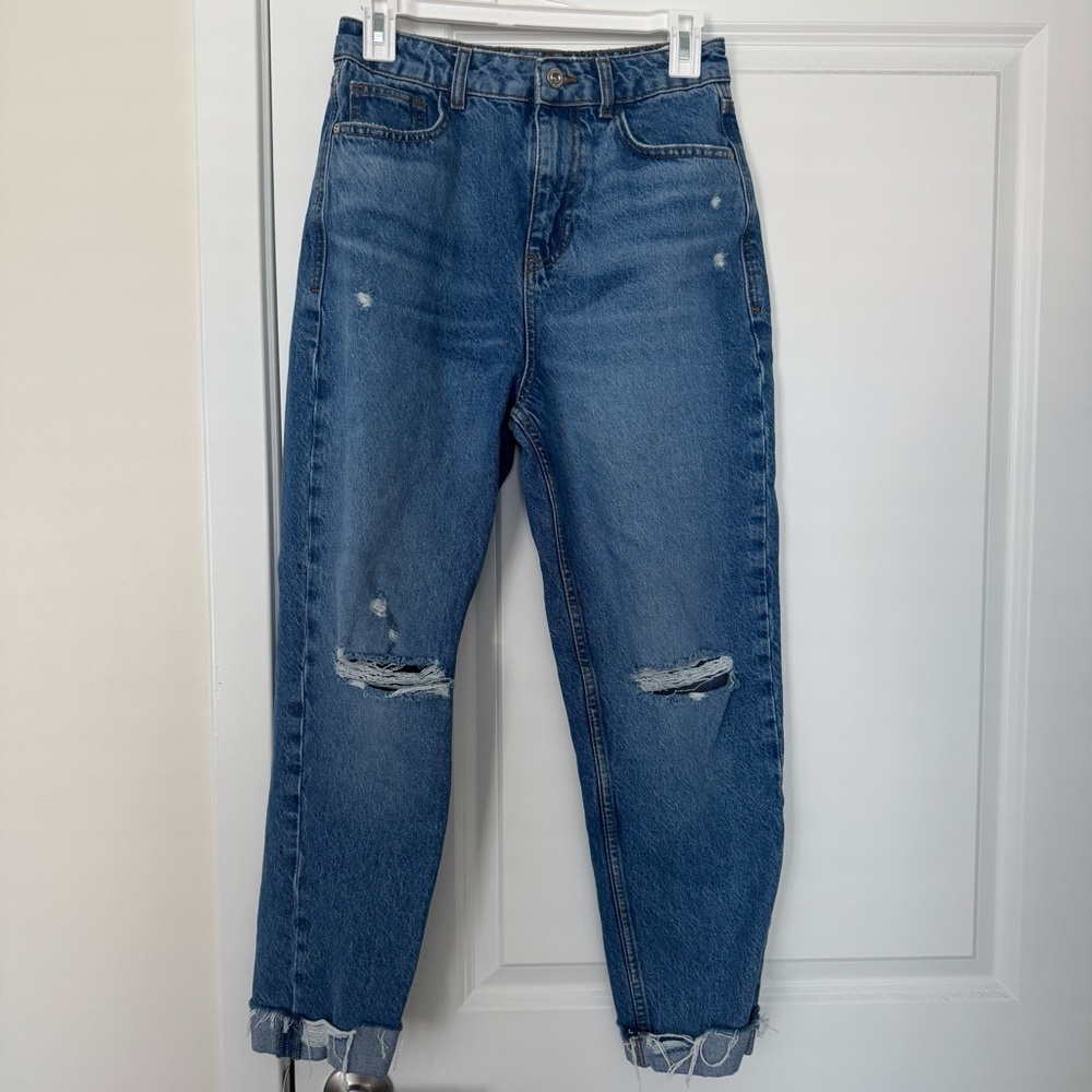 Zara High Waisted Distressed Blue Denim Straight Women's Jeans Size 4